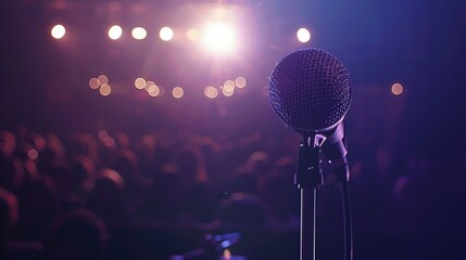 Close-up of a microphone on stage with a blurred audience and ambient lighting in the background, perfect for music or event themes.