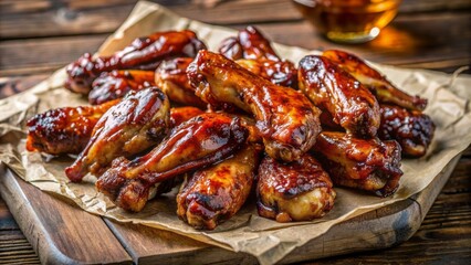 Rustic style BBQ chicken wings with sticky glazed surface, richly browned and glossy, arranged on crinkled baking paper, awaiting devouring.