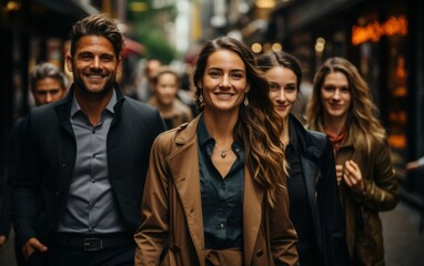 Obraz premium A diverse group of friends confidently strolls through a bustling city street