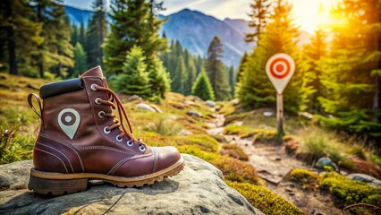 Rugged hiking boot icon stands amidst scattered trail markers, signifying navigation guidance along wilderness paths and scenic mountain trails.