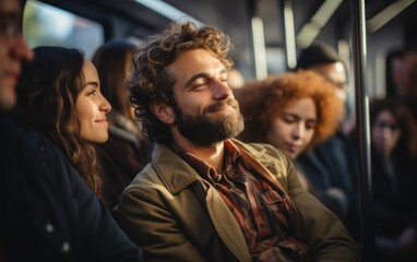 A diverse group of people sit together on public transportation, likely a bus or train, on their way to work or school