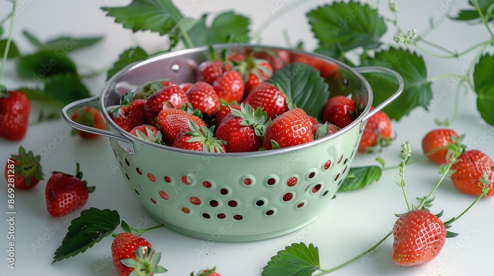 Poster fresh strawberries piled high in a green colander, perfect for a farm-to-table or summer-themed proj