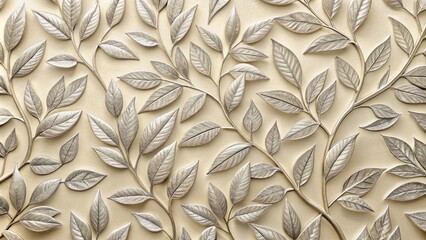 3D Rendering Of A Seamless Pattern Of Silver Leaves With Veins On A Beige Background.