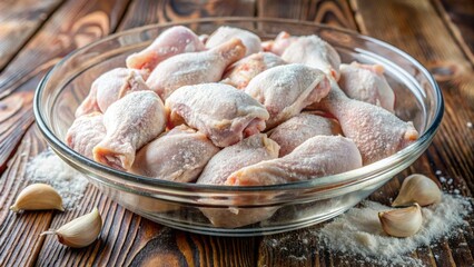 Raw Chicken Legs In A Glass Bowl On A Wooden Table.