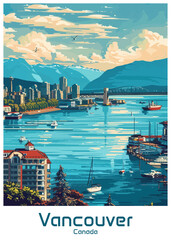 Vancouver Canada Poster Illustration Travel Print Decor Gift Paper Canvas Wall Retro Art