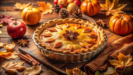 Fototapeta premium A Delicious Pumpkin Pie Is The Perfect Way To Celebrate The Fall Season. This Image Features A Beautiful Pumpkin Pie With A Lattice Crust, Surrounded By All The Traditional Fall Spices.