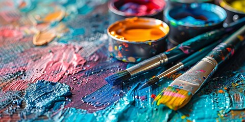 Fototapeta premium Vibrant Artistic Paints and Brushes on Colorful Textured Canvas