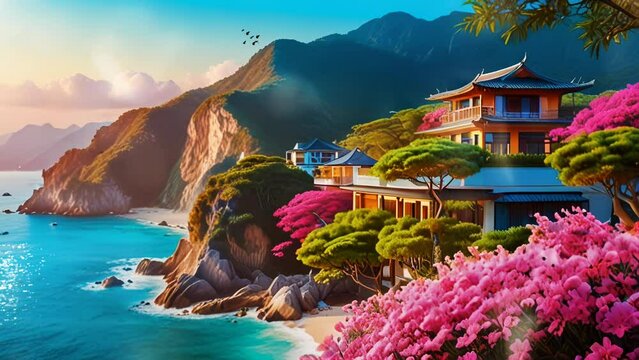Landscape Rocky hills with Chinese temples and waterfalls, in a smooth looping background with 4K video animation.