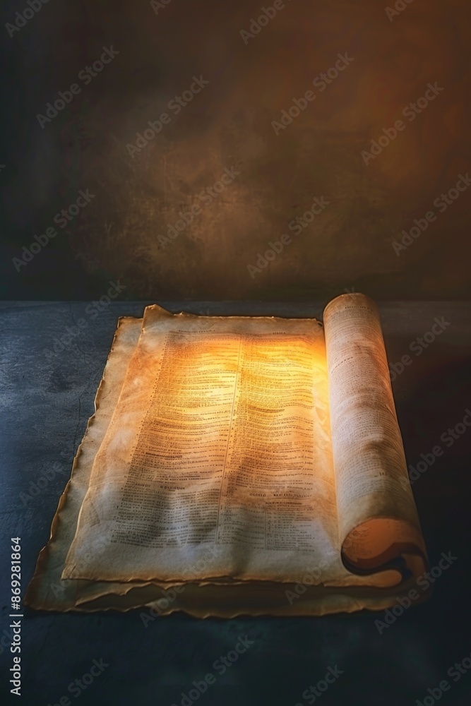 Poster A worn and aged scroll lying on a wooden surface, possibly ancient historical or mystical text