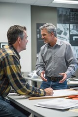 Fototapeta premium Portrait half-body of an American entrepreneur discussing office layout with a construction manager, hyper-realistic, high detail, photorealistic