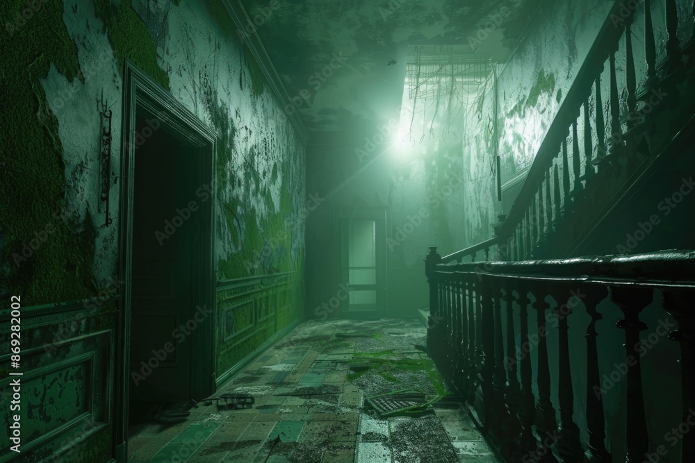 Poster a dark and eerie hallway with a small light shining from the window, great for spooky or mysterious 
