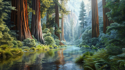 A river valley with towering redwood trees and a calm, meandering river