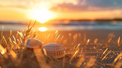 Shells and Grass on the Beach at Sunset