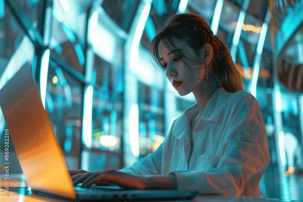 Poster a woman sits at a table with a laptop open, likely doing some work or checking email