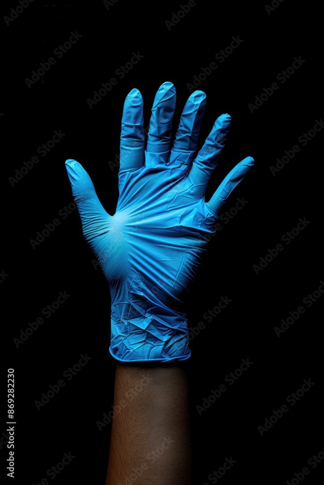 Poster a close-up shot of a person's hand wearing a blue glove, great for use in various scenarios where a 