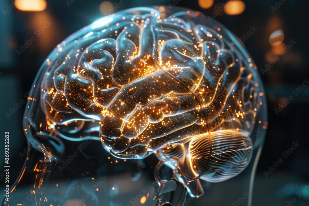Poster A detailed view of a human brain model with visible cerebral cortex and neural pathways