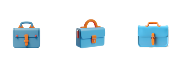 Three views of the icon, business bag icon design drawings with blue and orange colors matching, using simple shapes on a transparent background