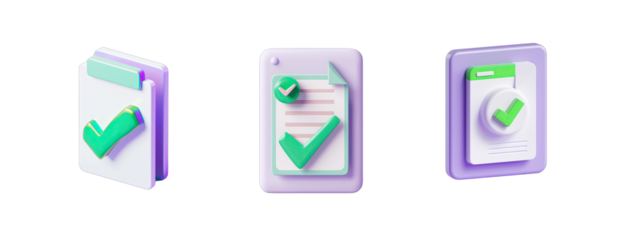 3D icon design, A checkmark symbol is used to represent the analyzing process of digital documents, a green and purple color scheme on a white background, three views shown from different perspectives