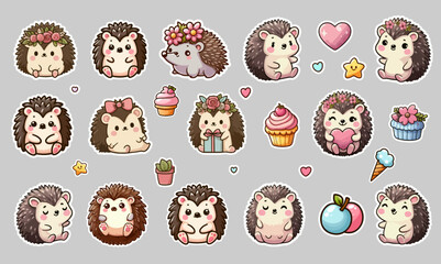 Cute hedgehog sticker set. Vector isolated holiday kawaii animal characters. © ku4erashka