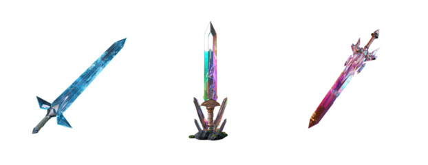 Collection of fantasy video game art style spear shaped weapon made of crystal with an ice blade at the end, on a transparent background,
