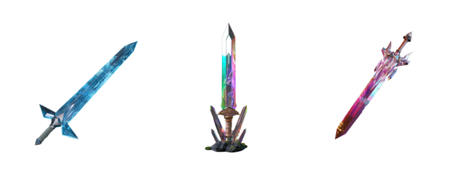Collection of fantasy video game art style spear shaped weapon made of crystal with an ice blade at the end, on a transparent background, - Powered by Adobe