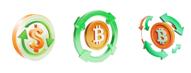 Collection of 3D icon of c with arrows in circular motion, orange and green on a black background, with a white outline, in the style of an icon for a game user interface.