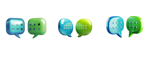 Collection 3d icon of two speech bubbles, one blue and the other green on black background, ui design, simple shapes, ui element, minimalistic, glassmorphism style, 