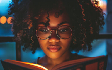 An African American woman with curly hair and glasses reads a book at night, with the light from the book illuminating her face