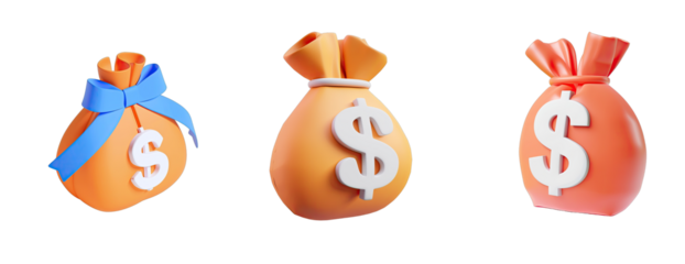Collection Of 3d money bag icon with a dollar sign in a simple style with an orange color scheme