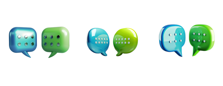 Collection 3d icon of two speech bubbles, one blue and the other green on black background, ui design, simple shapes, ui element, minimalistic, glassmorphism style, - Powered by Adobe