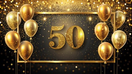 Luxurious gold glitter anniversary border background with ornate frame and celebratory balloons, perfect for 50th birthday milestone recognition.