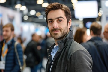 Fototapeta premium Portrait half-body of a European small business owner networking at a trade show, hyper-realistic, high detail, photorealistic
