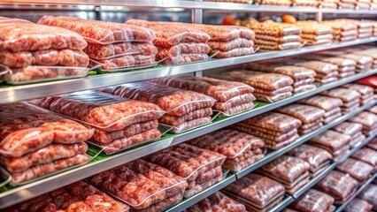 Freshly stocked refrigerated shelves display neatly arranged plastic packages of ground beef, chicken, and pork, with blurred background emphasis.