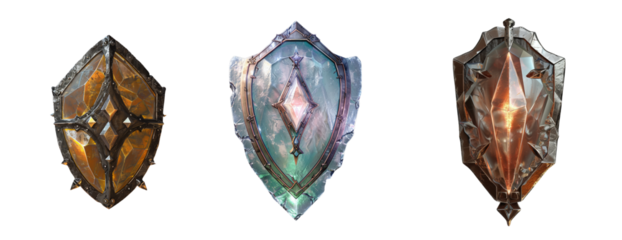 3d collection of crystal shield with metal edges, in the shape of an iron mask, glowing from within, on a tranparent background.