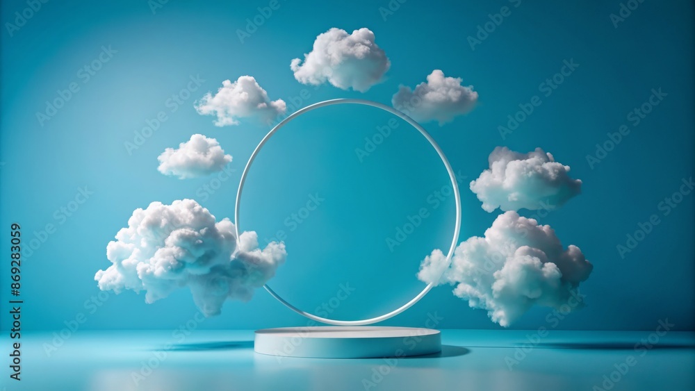 Poster surreal minimalist 3d render featuring blue background with white clouds orbiting a blank circle sha