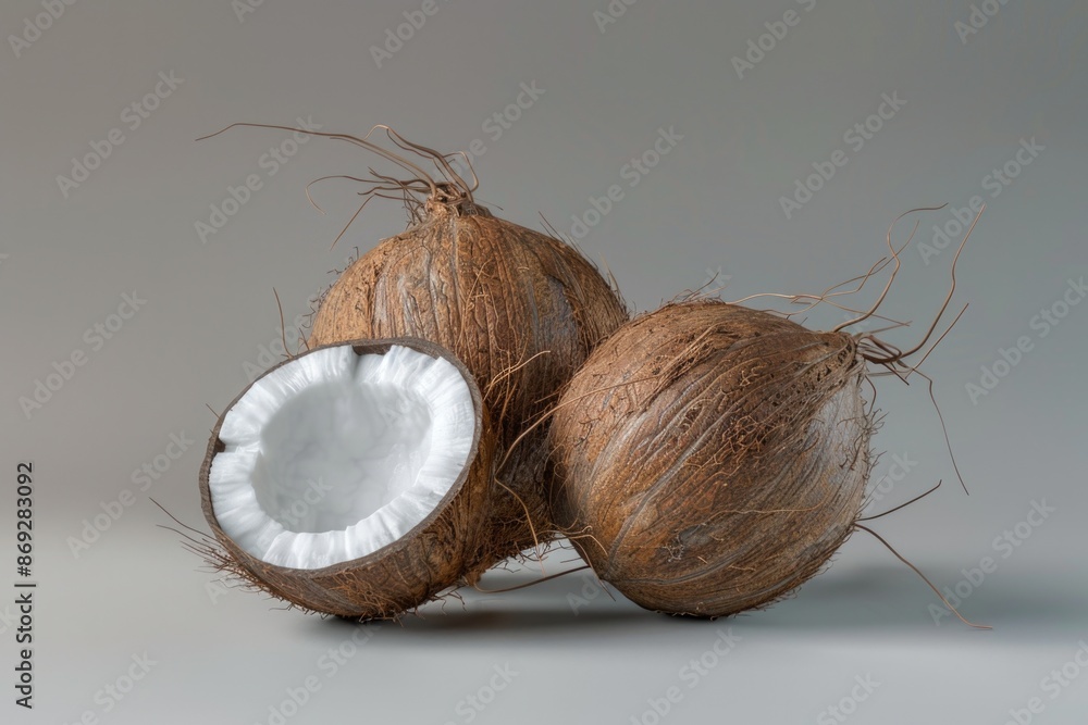 Poster a pair of coconuts sitting on a table, possibly used as decorative props