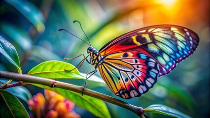 Delicate monarch butterfly with intricate orange and black wings perched on a slender branch against a soft green background.