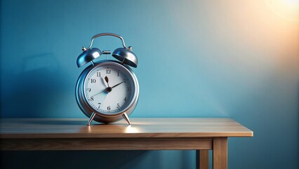 Naklejka premium A modern mechanical alarm clock sits atop a bedside table on a serene blue background, evoking a sense of morning routine tranquility.