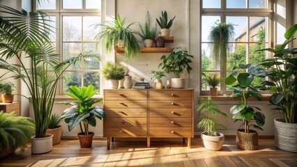 Cozy interior scene featuring chest of drawers surrounded by lush green indoor plants and natural light pouring through large windows.