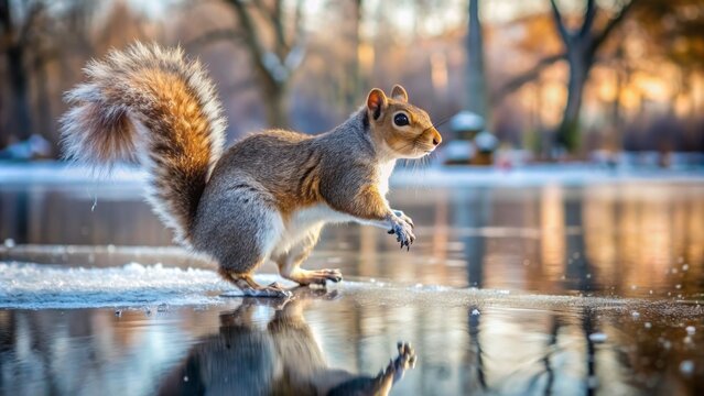 Adorable bushy-tailed squirrel skillfully glides on ice skates with focused expression on frozen pond surrounded by snow-covered trees naturally.