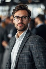 Fototapeta premium Portrait half-body of an American entrepreneur organizing a networking event, hyper-realistic, high detail, photorealistic