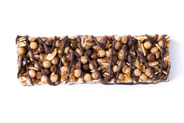 Healthy Muesli bar with nuts and black chocolate isolated on white background