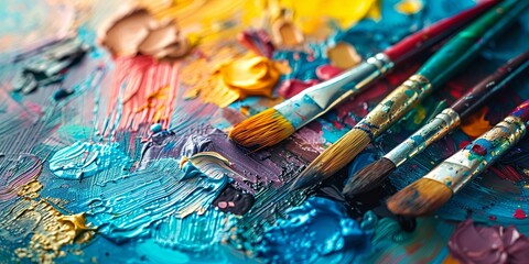 Fototapeta premium Vibrant Palette: Brushes and Colors in Dynamic Artistic Expression