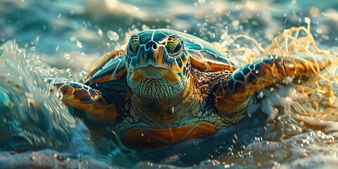 Obraz premium Sea Turtle Swimming Vibrant Colors in Ocean Waves