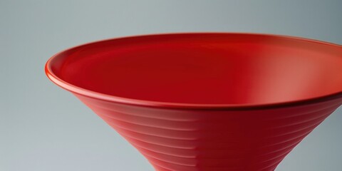 A bright red vase sits on top of a wooden table, providing a pop of color against a neutral background