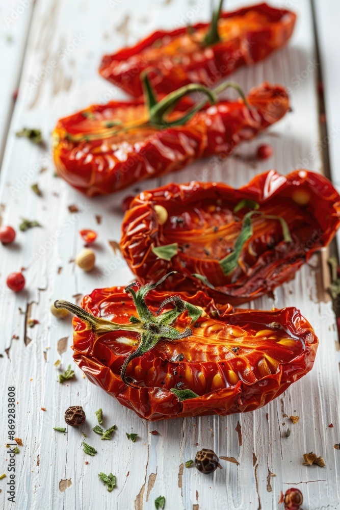 Poster a group of peppers sit on a wooden table, ready for use or display