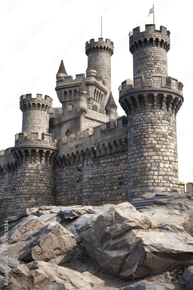 Poster a medieval-style castle with a flag waving from the top
