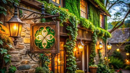 Cozy traditional Irish pub building with rustic wooden sign creaking in the wind, adorned with shamrocks and Celtic knots.