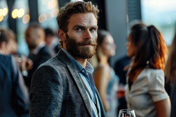 Fototapeta premium Portrait half-body of a European professional networking at a corporate event, hyper-realistic, high detail, photorealistic