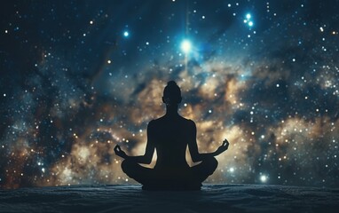 A silhouette of a person meditating with their legs crossed, arms resting on their knees, and hands facing the sky. The background is a starry night sky
